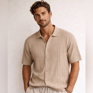 Textured Knit Polo Shirt Tan Men’s L | Resort / Vacation / Old Money Style BNWT